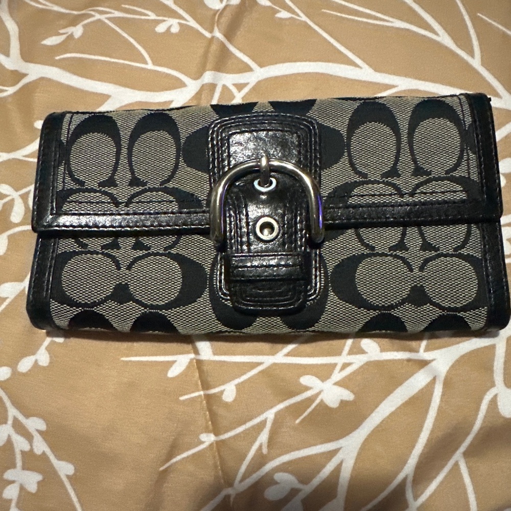 Coach, leather, silver snap signature canvas/leather wallet